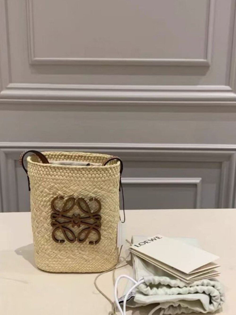 Loewe Palm Leaf Woven Crossbody Phone Bucket Bag